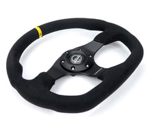 Load image into Gallery viewer, NRG Reinforced Steering Wheel (320mm) Sport Alcantara Flat Bottom w/ Yellow Center Mark
