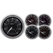Load image into Gallery viewer, AutoMeter Chrono 3-3/8in &amp; 2-1/16in Gauge Kit (5pc) w/Electric Speedometer - Chrome
